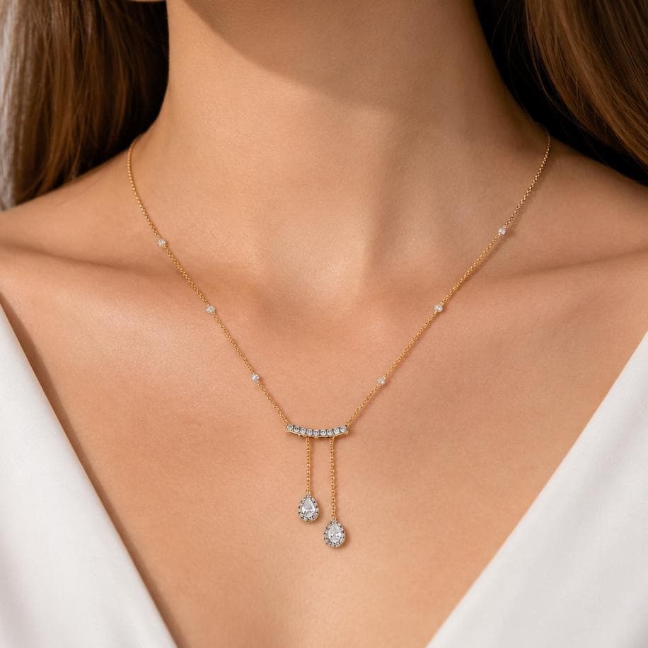 0.91 Natural Diamonds Teardrop Necklace 14k Solid Gold Curved Bar Pave
