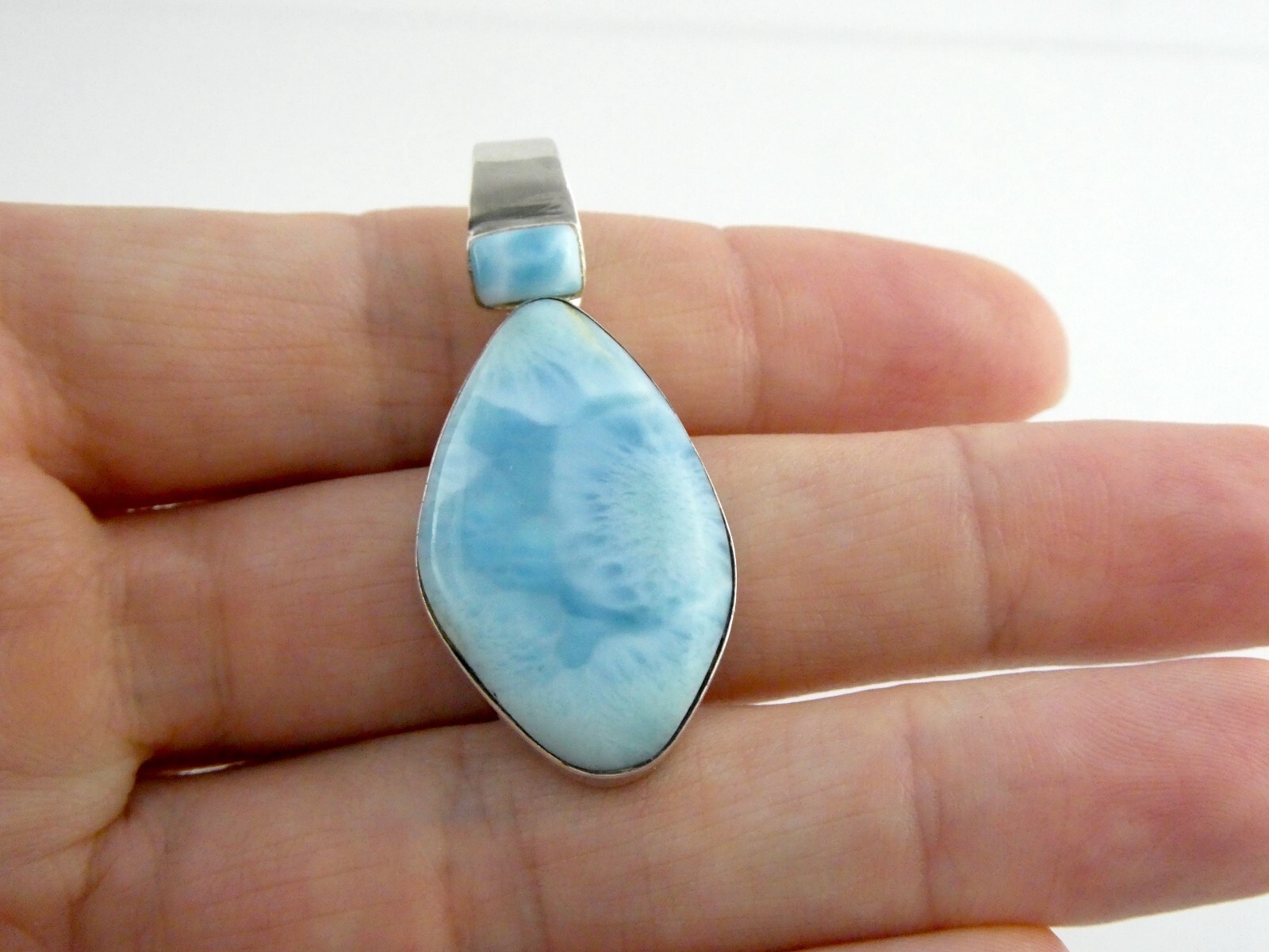 Sterling Silver Double Larimar Cabochon Freeform Cut Pendant 925 11.6g 1 5/8 In