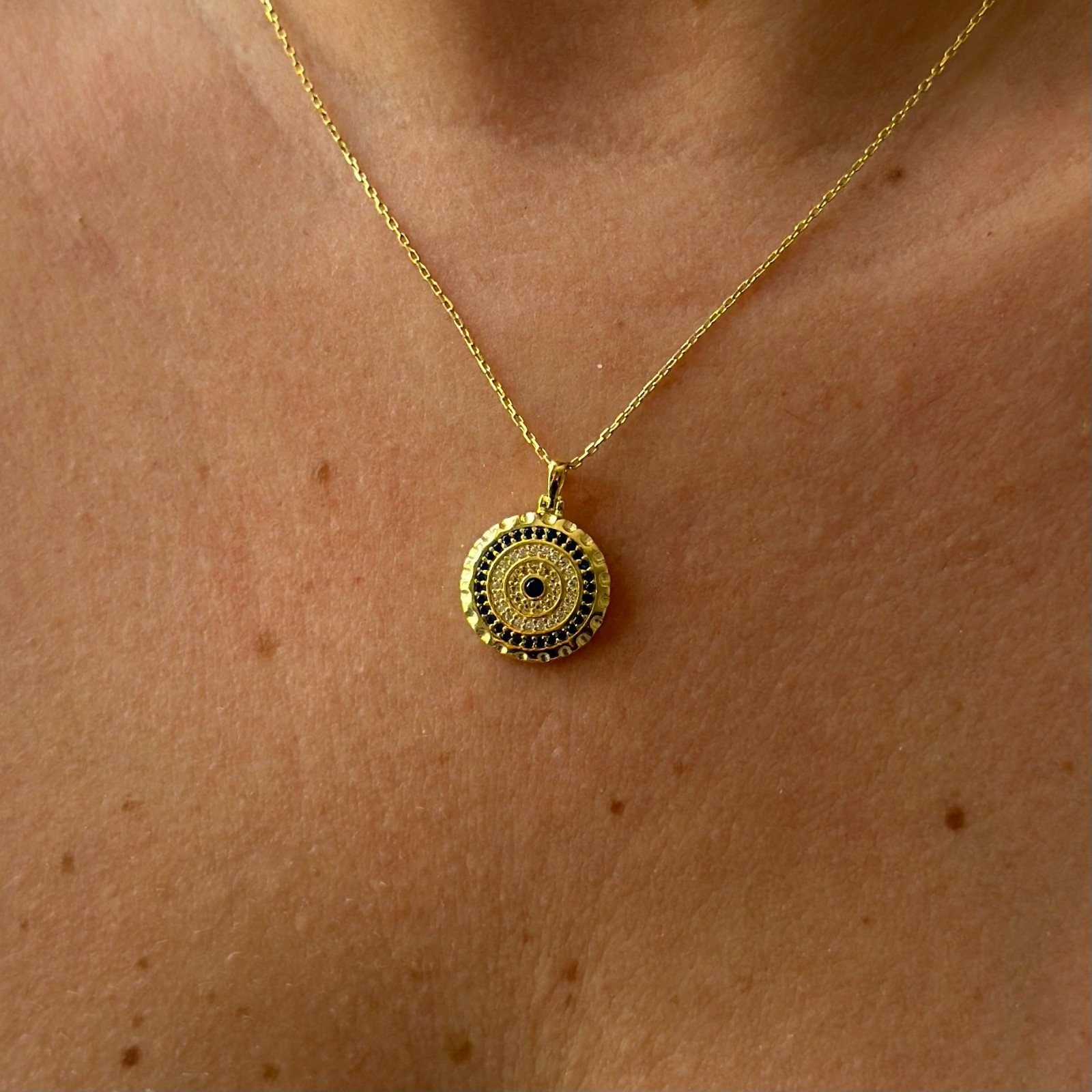 14k Gold Evil Eye Necklace Lab-Created Sapphire Diamond Pendant Protection Jewel