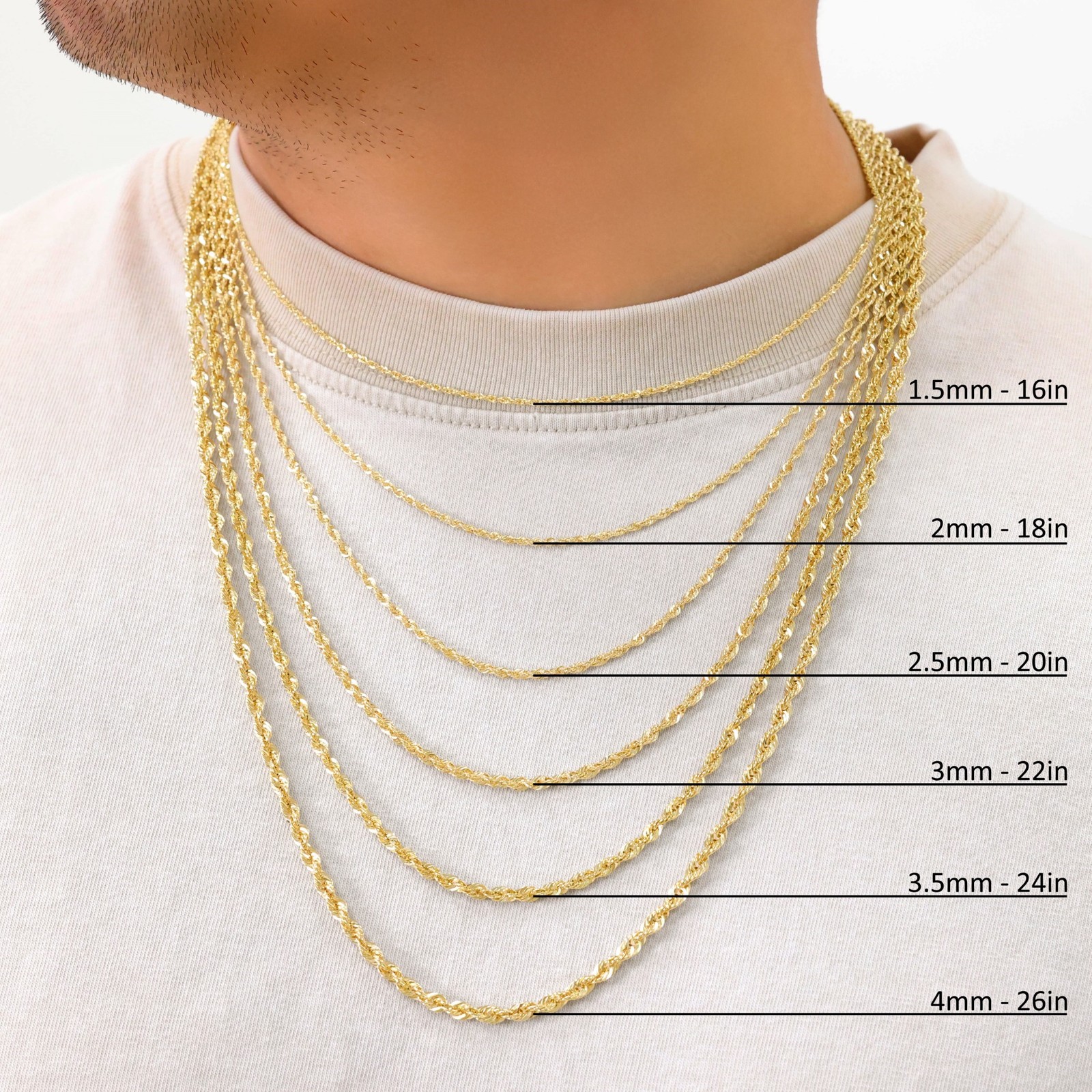 10K Yellow Gold 1mm-4mm Laser Diamond Cut Rope Chain Necklace Men Women 16″- 30″