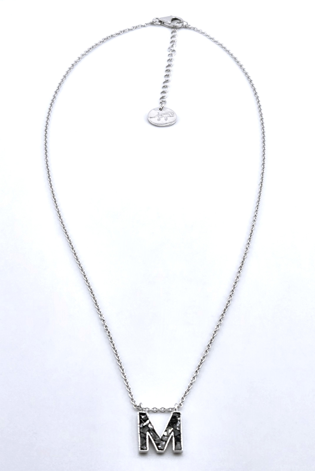 Joya “M” Initial Necklace Crushed Black Diamond 18″ Sterling Silver 1933