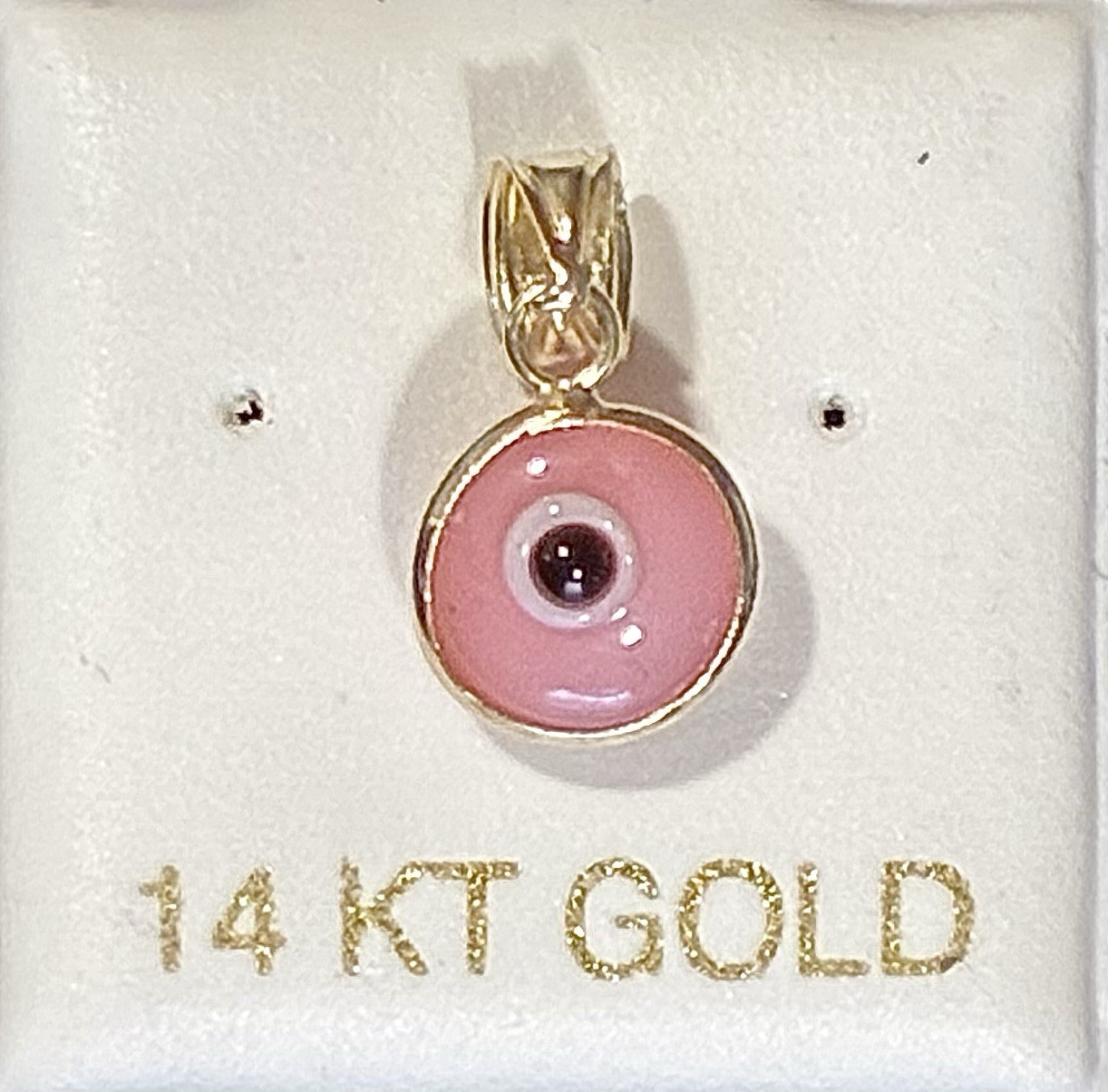 Evil Eye Solid 14kt yellow gold Pink Enamel Charm Pendant Good Luck Brand New
