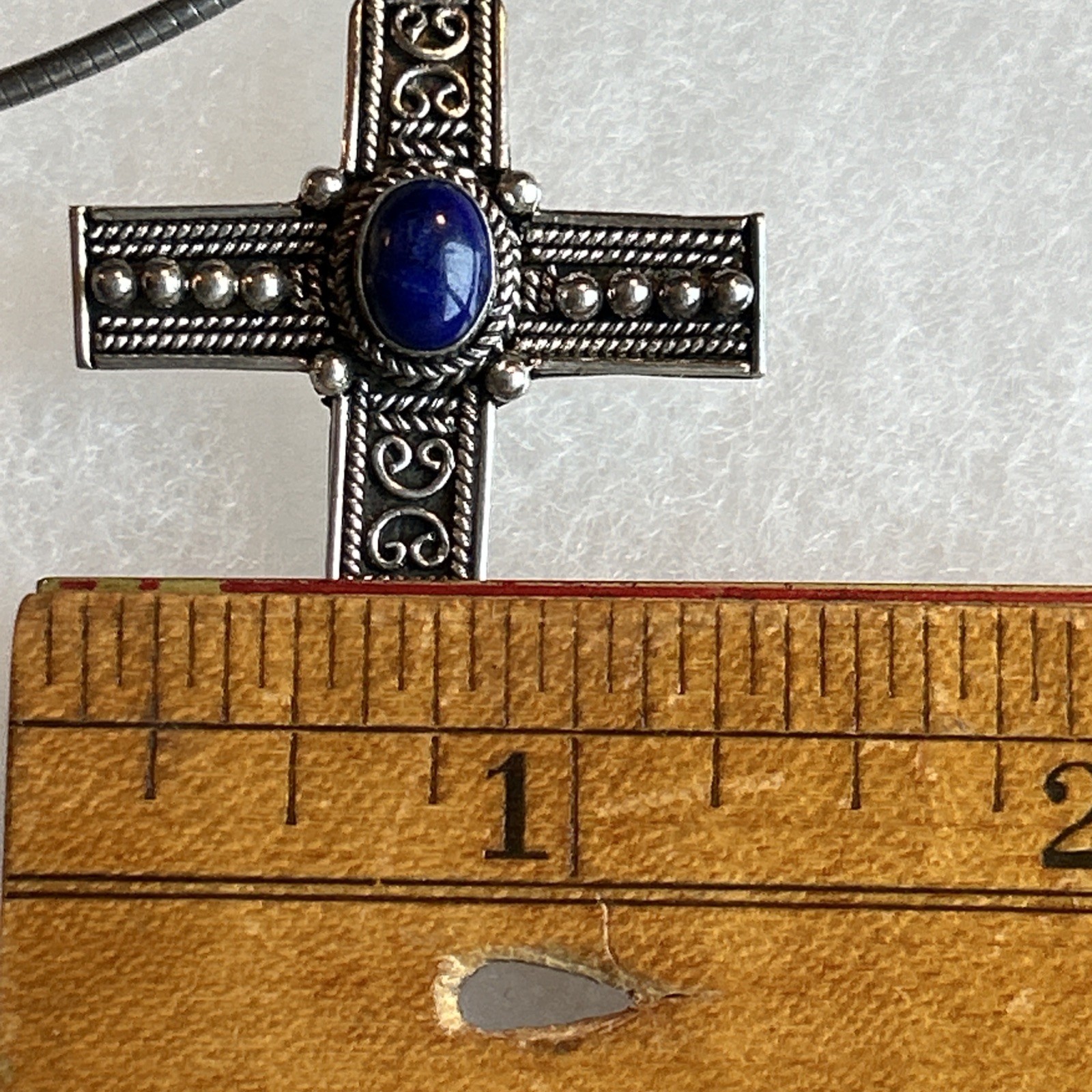 Sterling Silver 925 Omega Necklace And Ornate Cross Pendant With Blue Stone