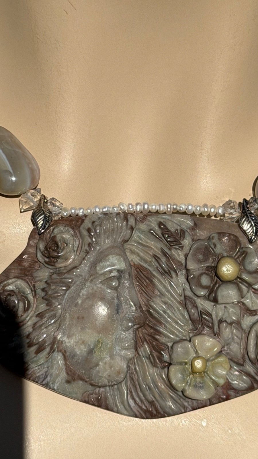 HAND CARVED EARTH MOTHER POLYCHROME JASPER PENDANT NECKLACE AND EARRING SET