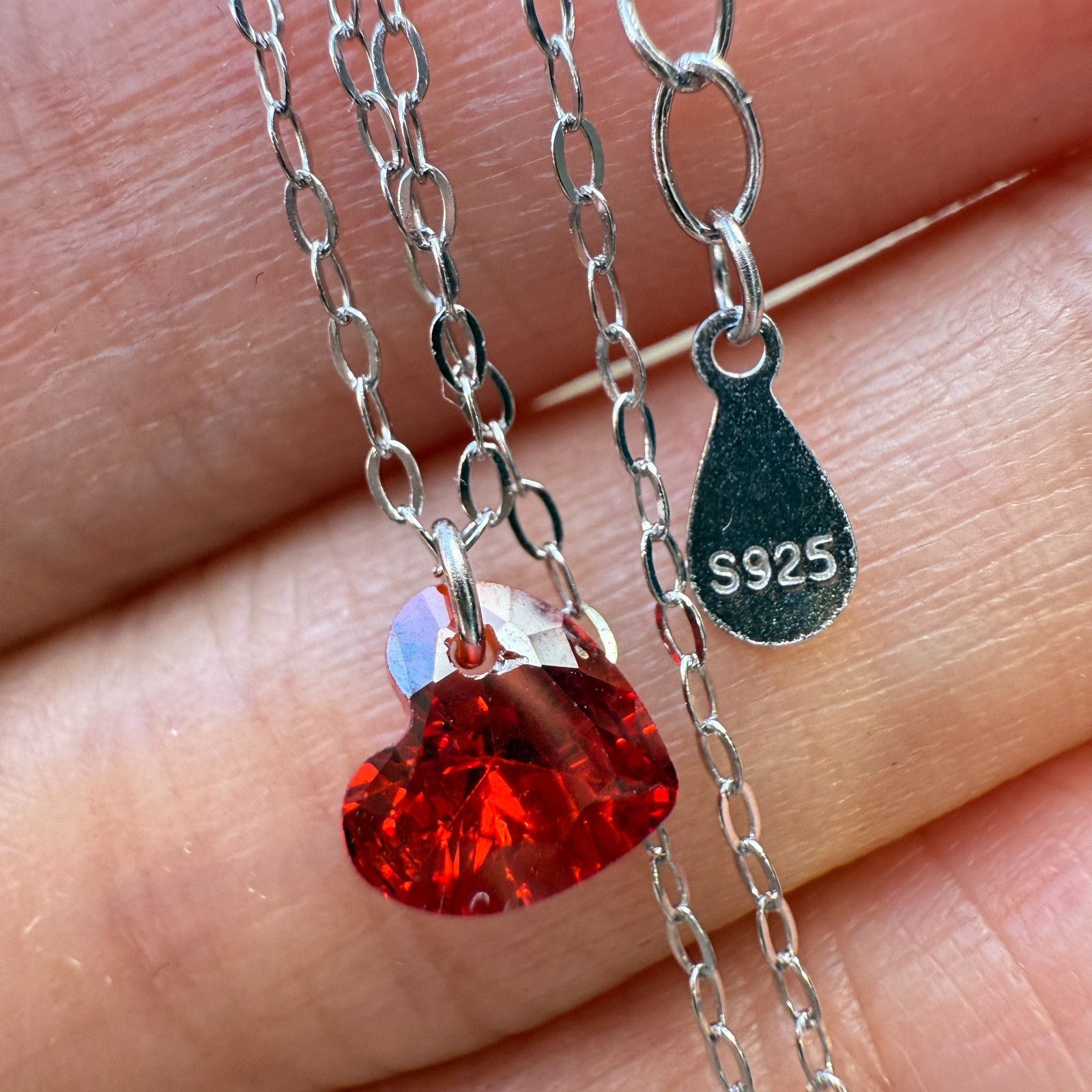925 Sterling Silver Necklace 6mm Heart Red Natural Zircon Gemstone Chain Gift