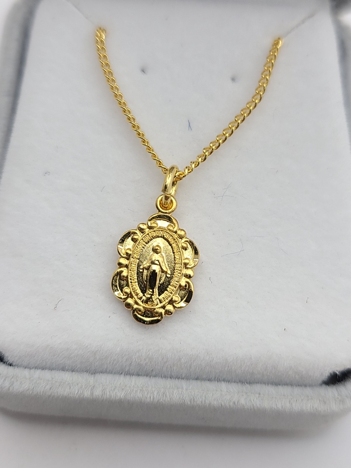 Gold over Sterling Silver Pendant Virgin Mary Necklace Stainless Steel Chain 18″