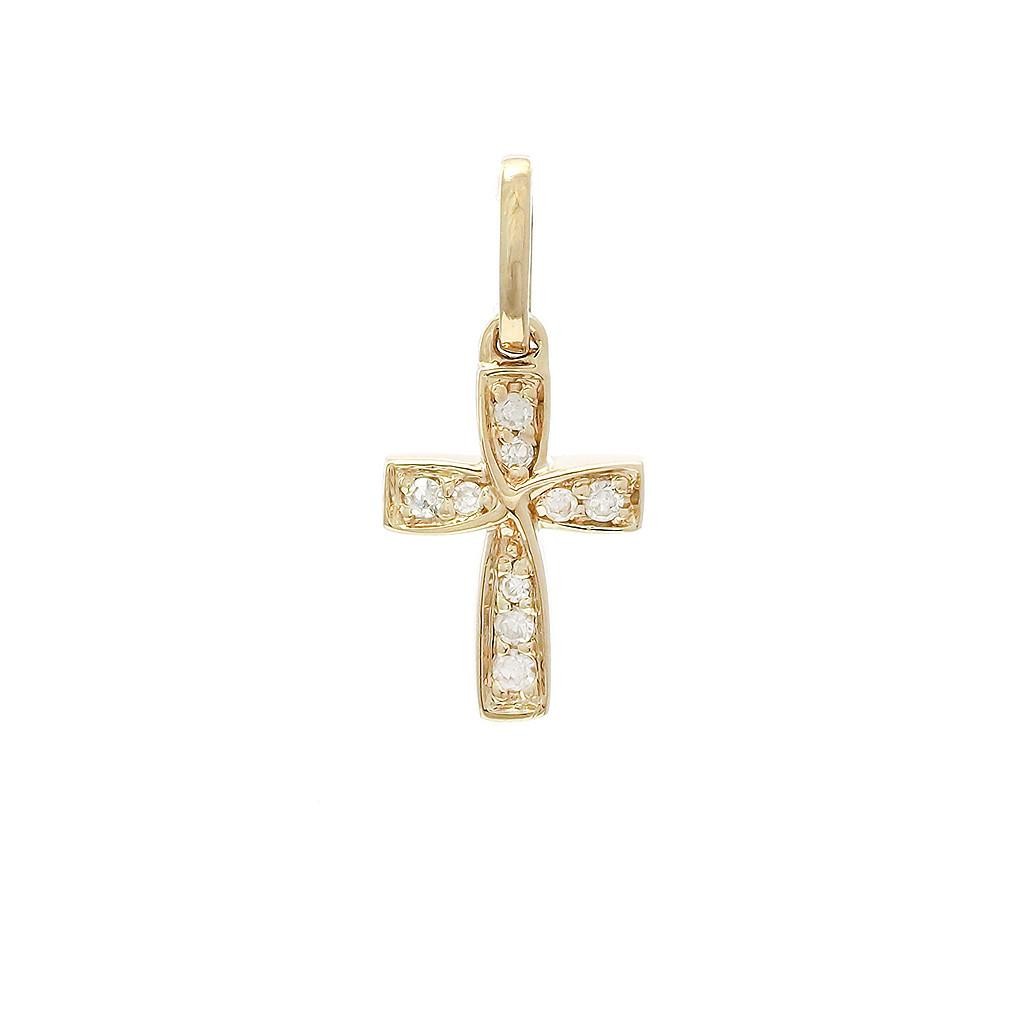 14K Real Yellow Single Micro Pave Diamond Mini Cross Pendant 7X10mm