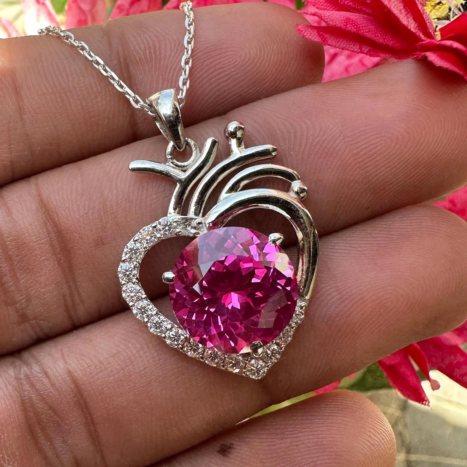 Certified Pink Sapphire 30 Ct Heart Pendant Necklace 925 Sterling Silver