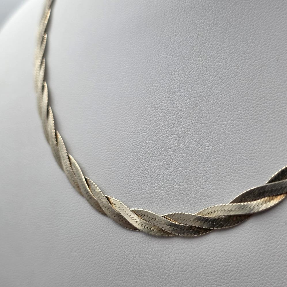 18″ 925 Sterling Silver Vermeil 2-Tone 6mm Braided Herringbone Chain Necklace