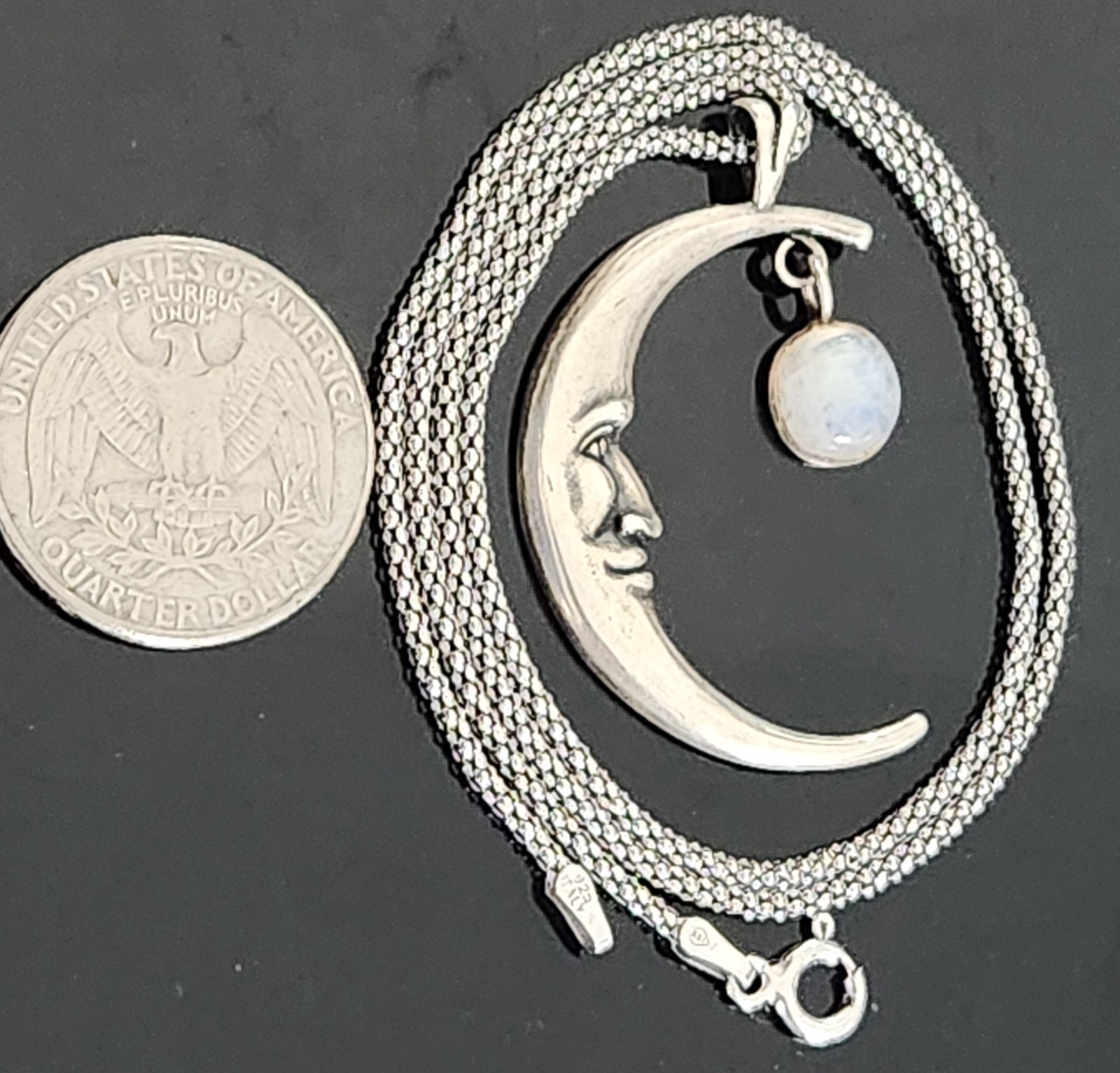 STERLING SILVER CRESCENT MOONSTONE CABOCHON/POPCORN CHAIN NECKLACE MADE ITALY