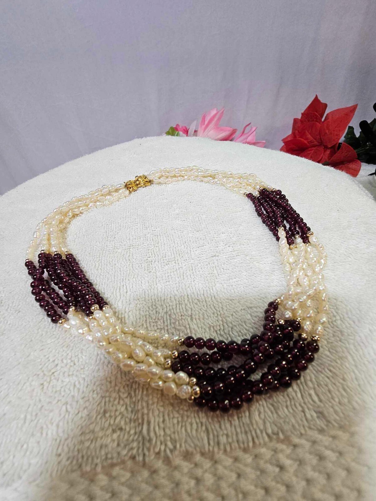LOVELY Natural Fresh Water Pearls w/ amethyst multi strand choker necklace 15in”