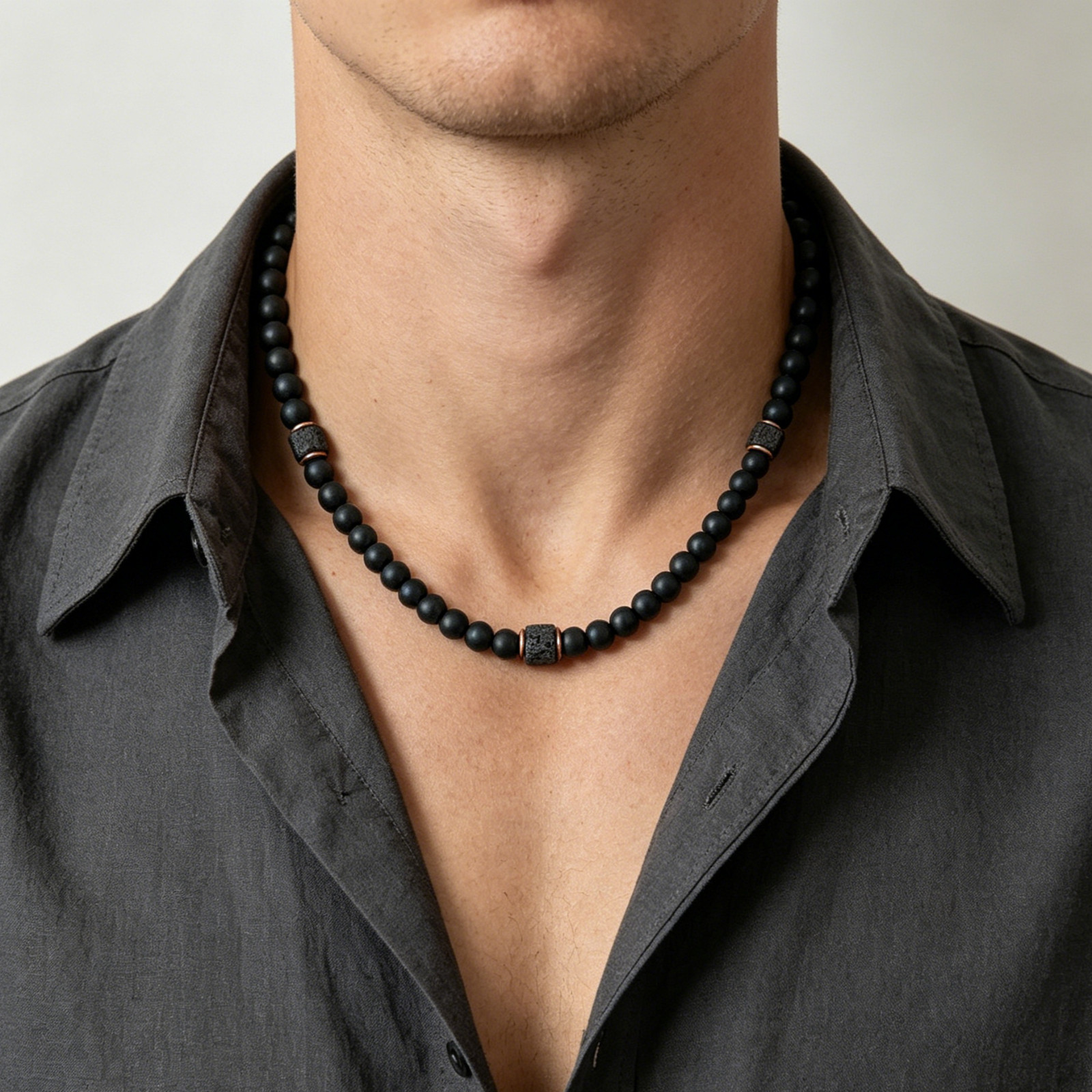 Men Black Onyx Lava Necklace | Balance Energy Rugged Edgy Casual Layered Jewelry