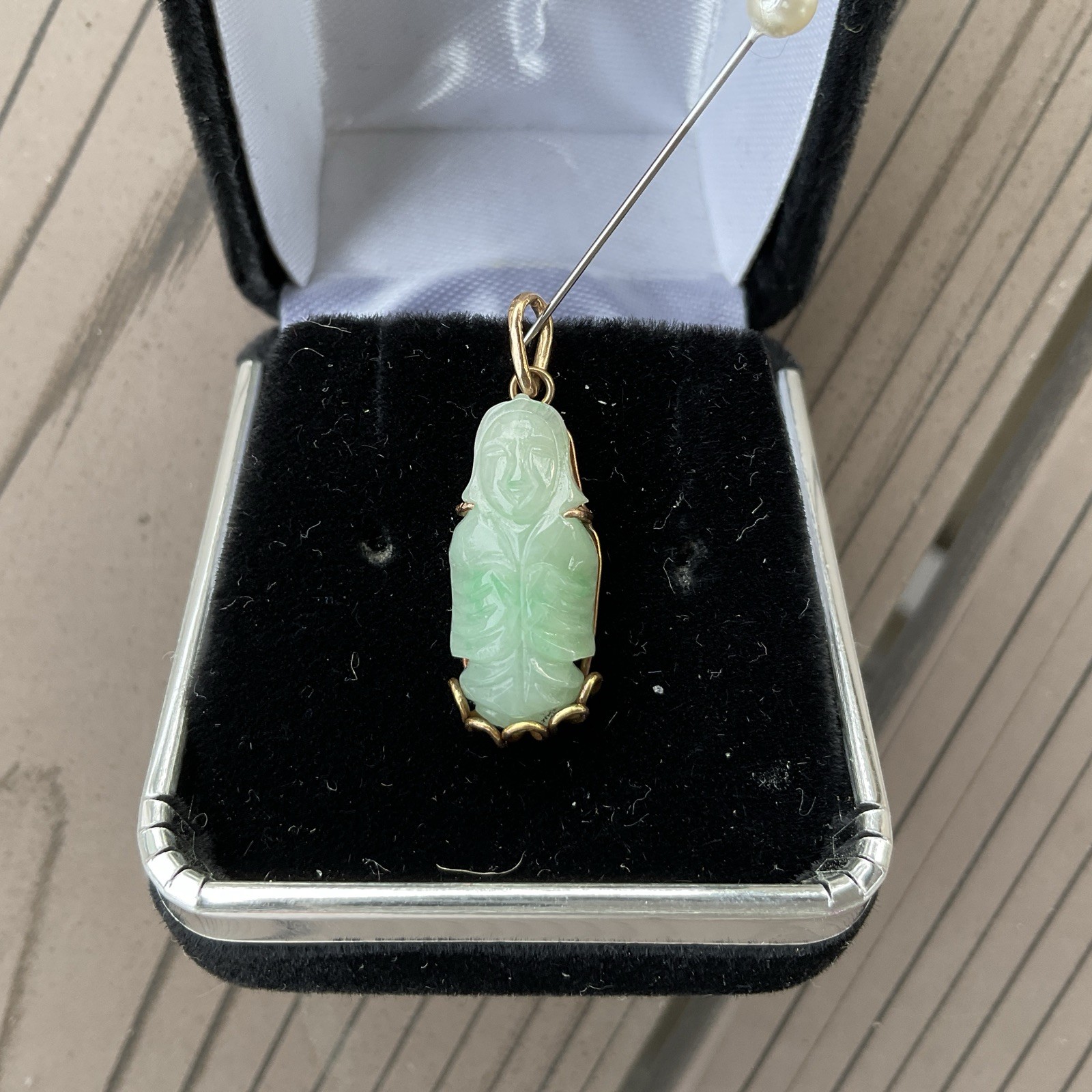 Estate 18k YG Icy Translucent Green Jadeite Jade Buddha Pendant 2.69 Gr