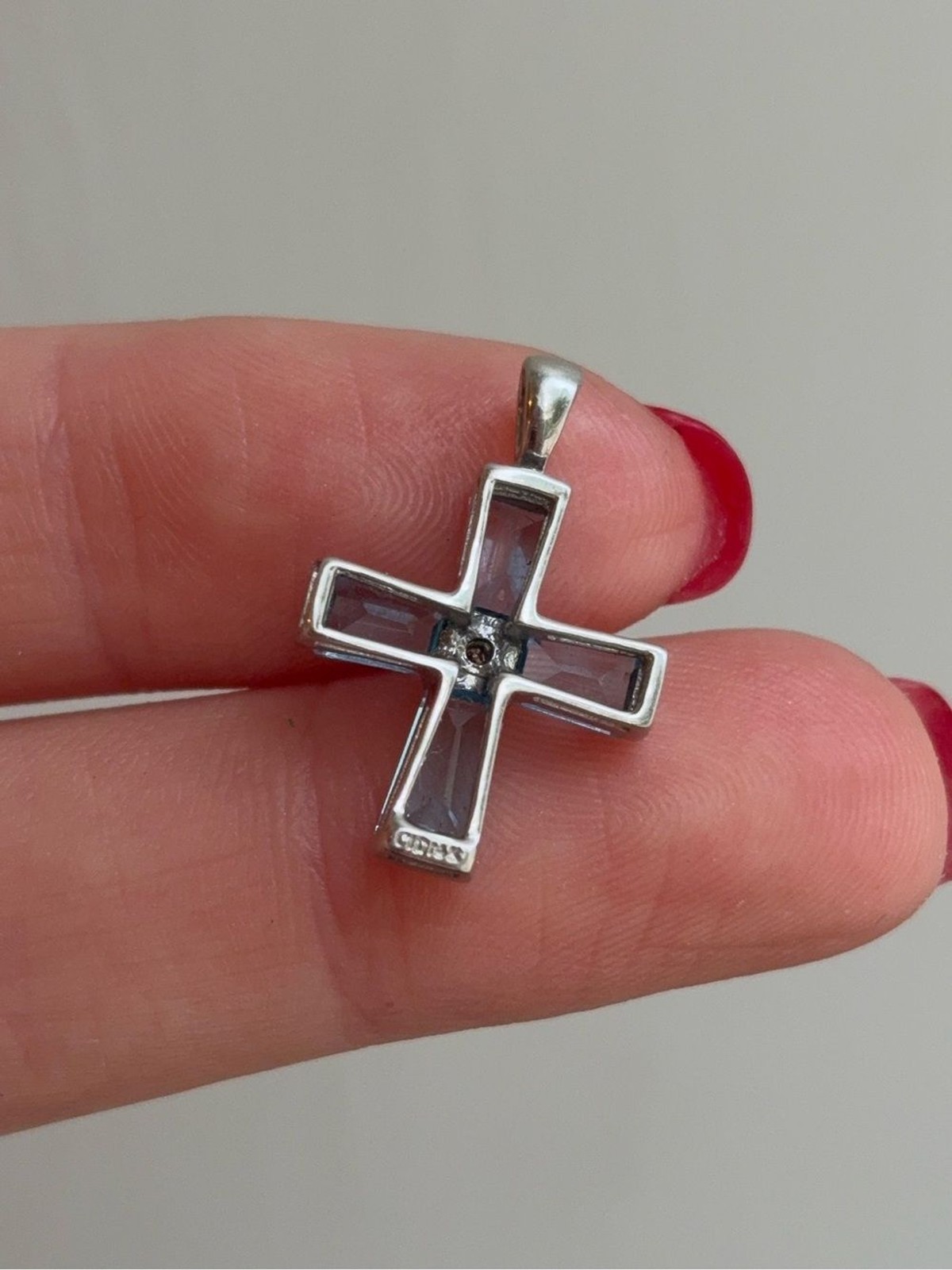 14k White Gold Vintage Diamond Blue Topaz Gemstone Cross Pendant