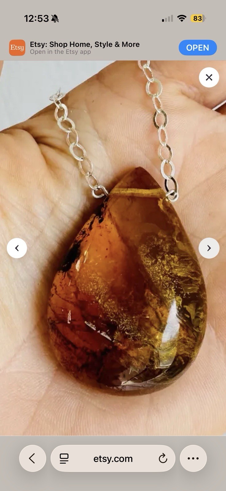 Large Natural Amber Pendant Sterling Silver Necklace Jewelry Women’s
