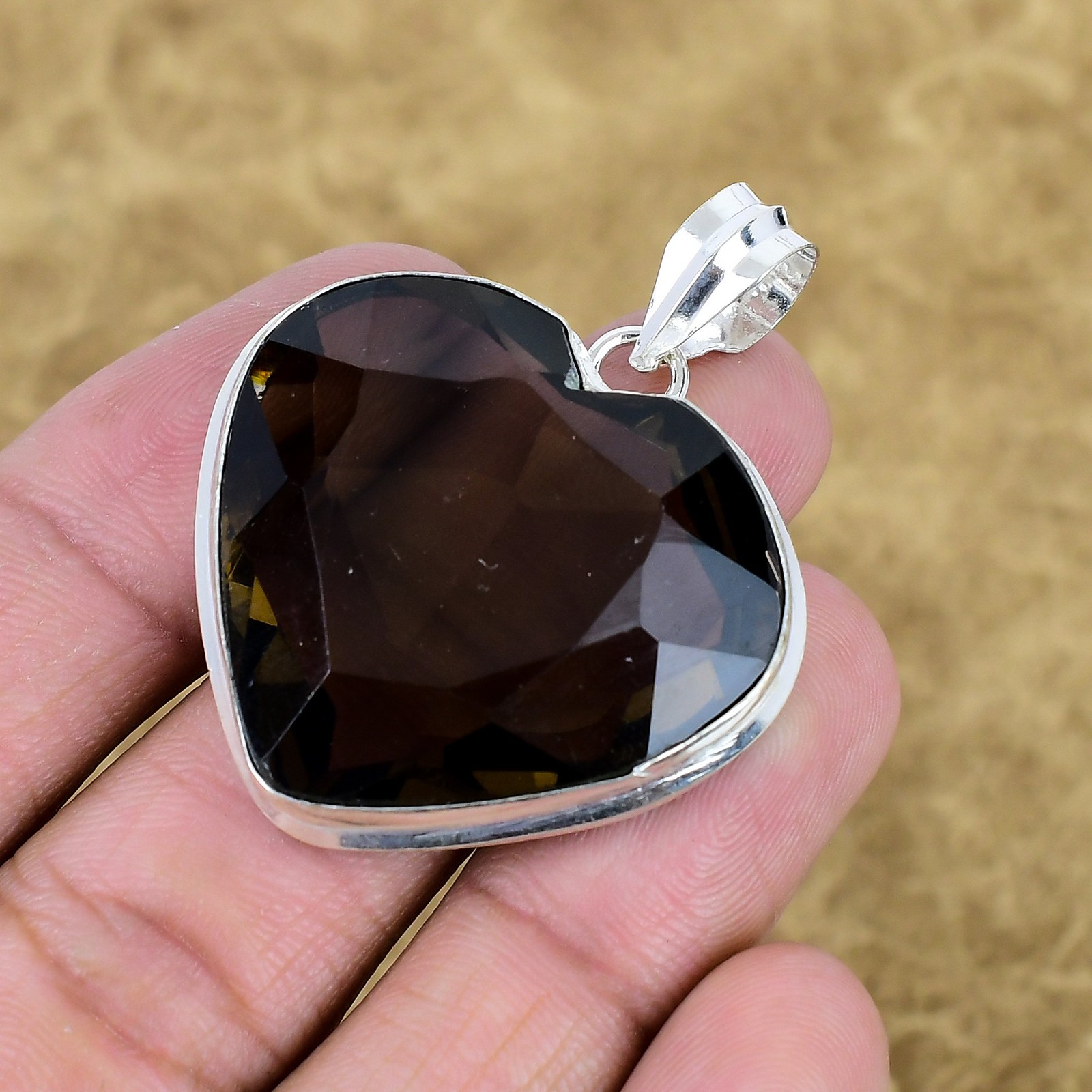 Faceted Smoky Quartz Gemstone Pendant 925 Sterling Silver Handmade Heart Jewelry
