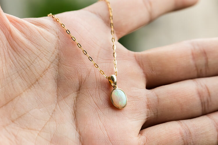 Minimal Oval Australian Solid Opal Pendant & Necklace 18k Yellow Gold Charm