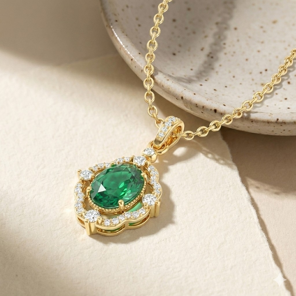 Oval Emerald Pendant Necklace, Green Emerald Halo Necklace, May Birthstone Gift