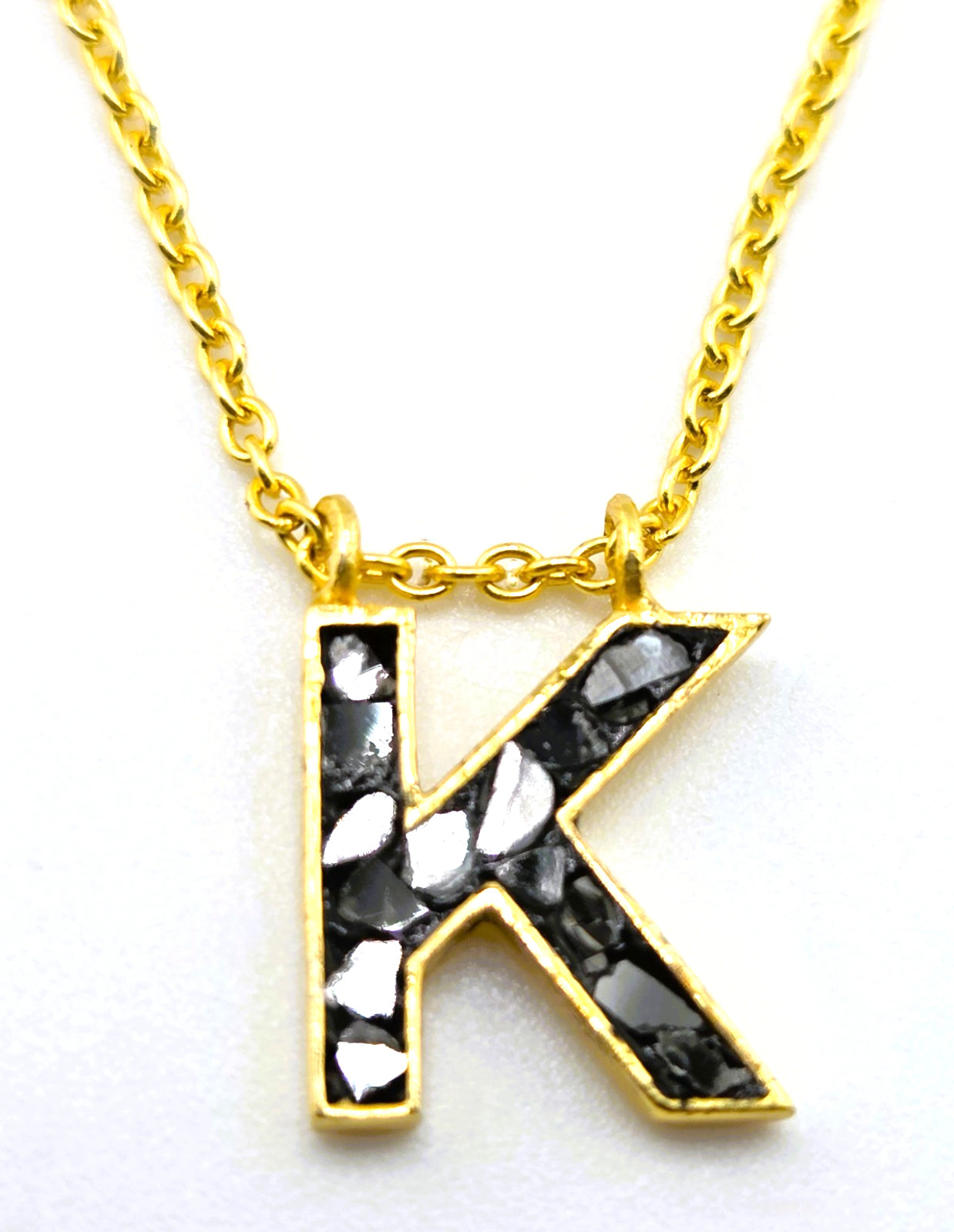 Joya “K” Initial Necklace Crushed Black Diamond 18″ Sterling Gold tone 1230