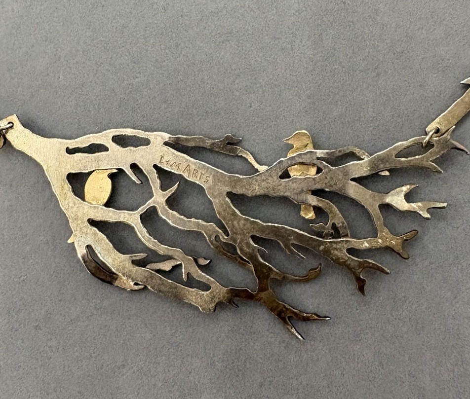 L & M Arts Sterling Silver Necklace W/14 Carat Gold Bird On A Branch, W/case