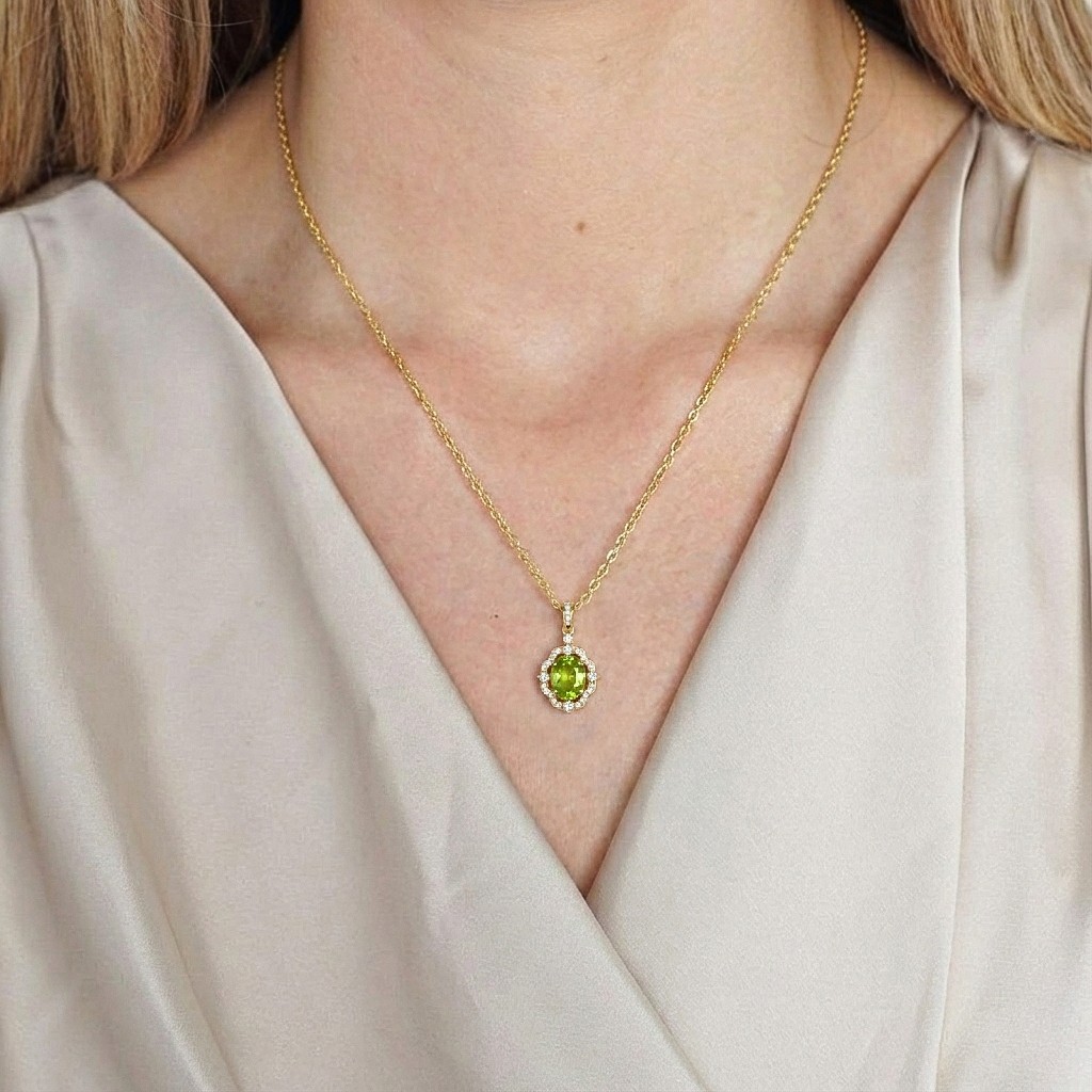 Peridot Necklace Gold Pendant, Green Peridot Halo Necklace, August Birthstone