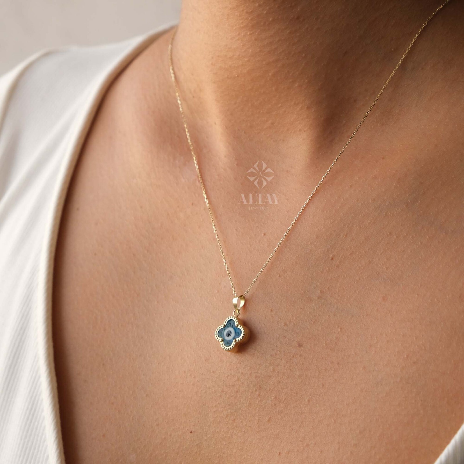 14K Gold Evil Eye Necklace, Clover Evil Eye Necklace, Evil Eye Charm Pendant