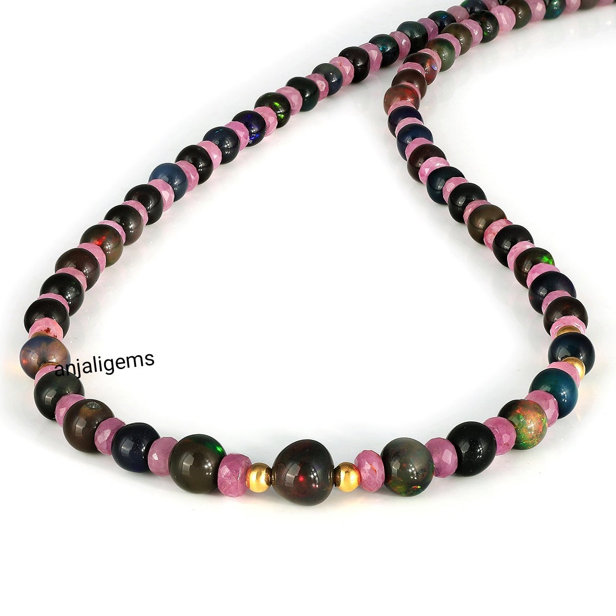 AA+ Black Ethiopia Opal And Pink Sapphire Gemstone Beads Necklace In 925 Silver
