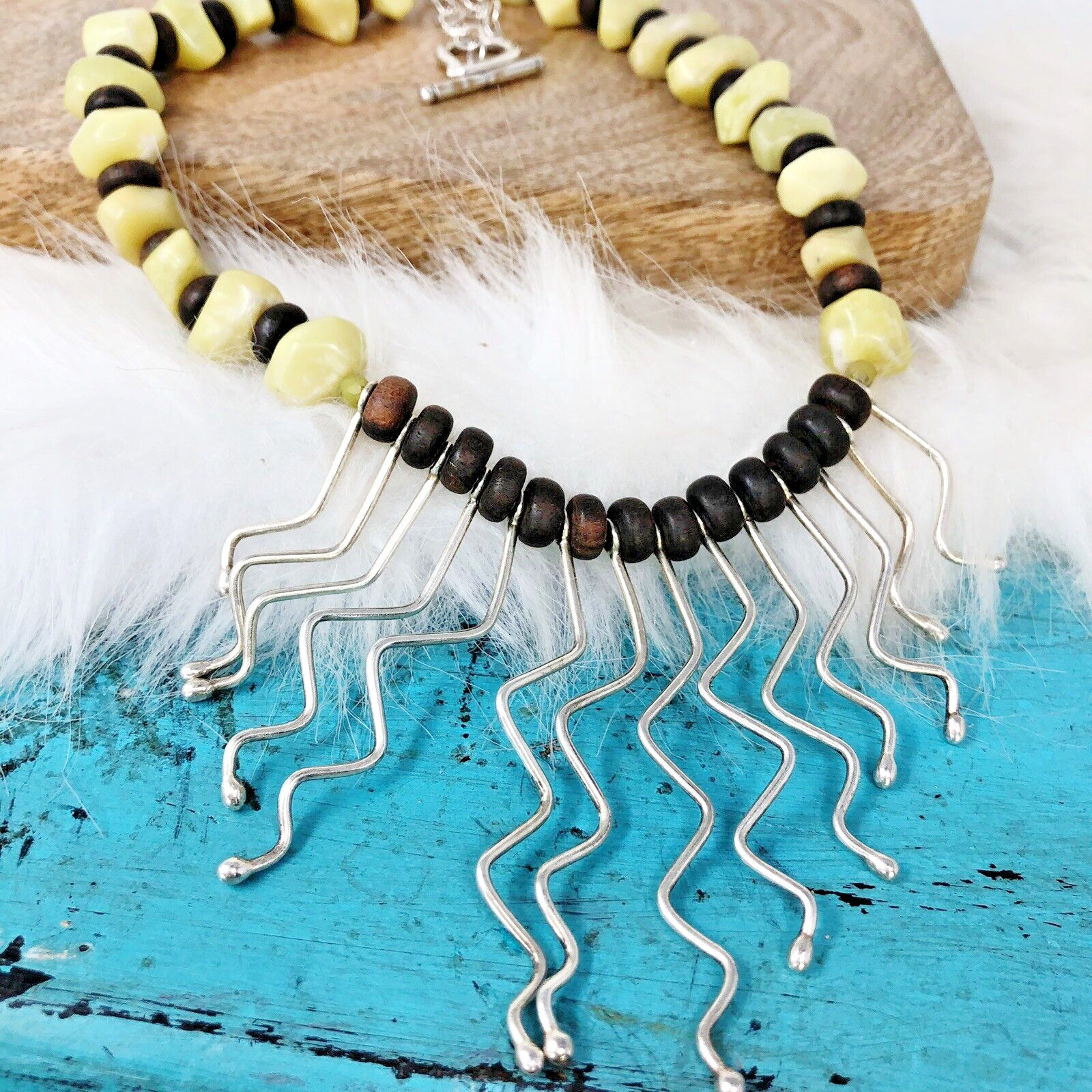 Vintage Tribal Jade Wood Wavy Sterling Silver Asymmetrical Dangles Necklace 18″