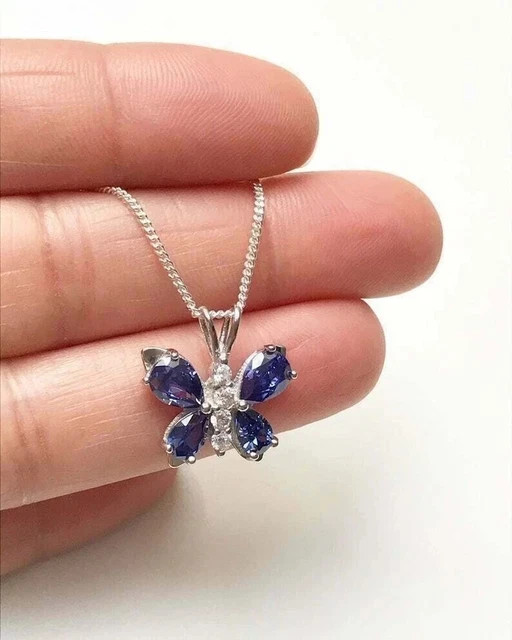 Pear Cut Lab Created Blue Sapphire Women Butterfly Pendant 14k White Gold Plated