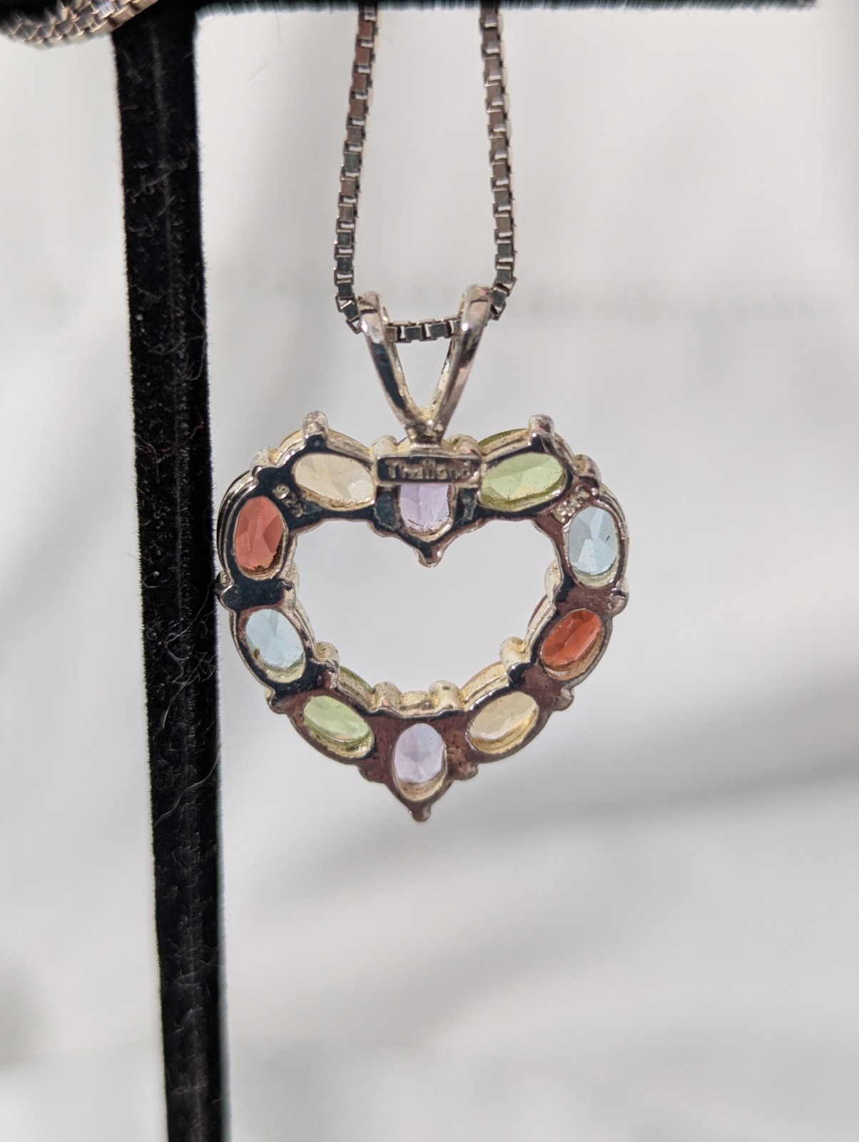925 Silver Multiple Gemstone Open Heart Pendant Necklace 18″L