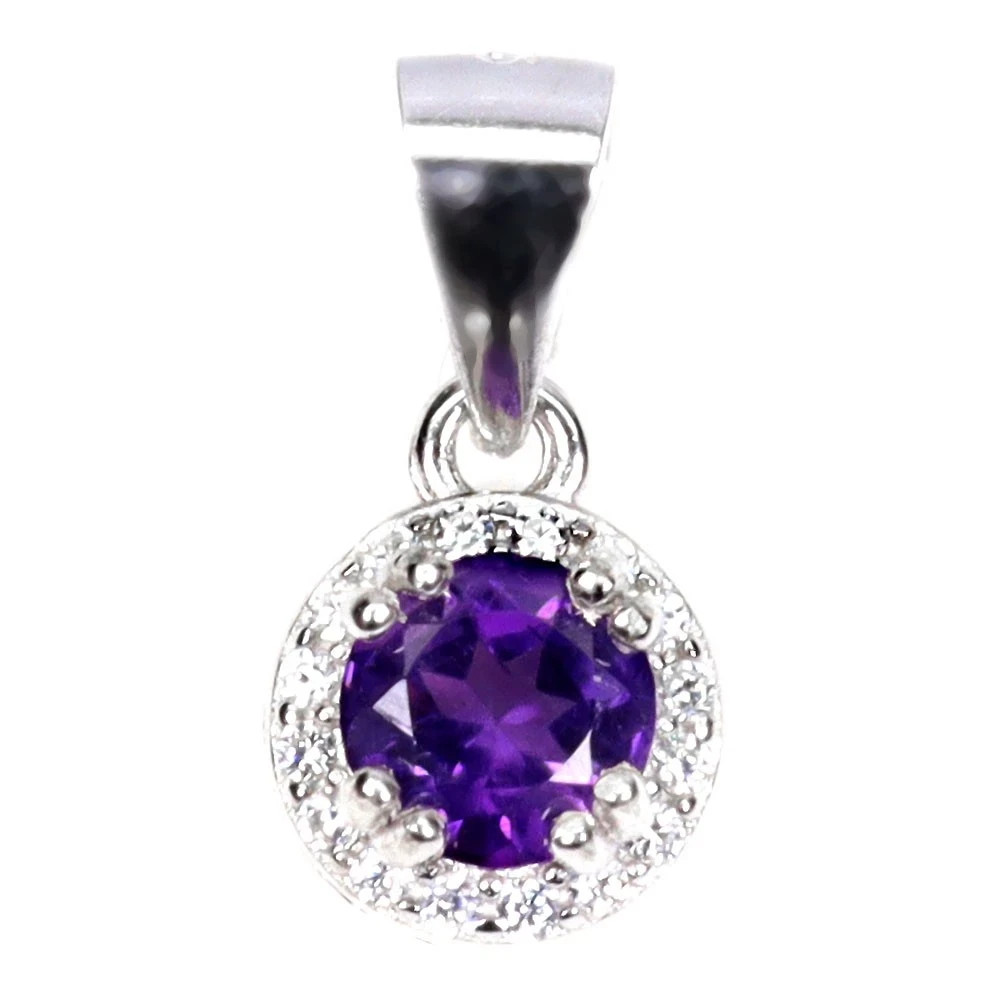 Natural Round Purple Amethyst Halo Pendant Charm 925 Sterling Silver 14K Plated