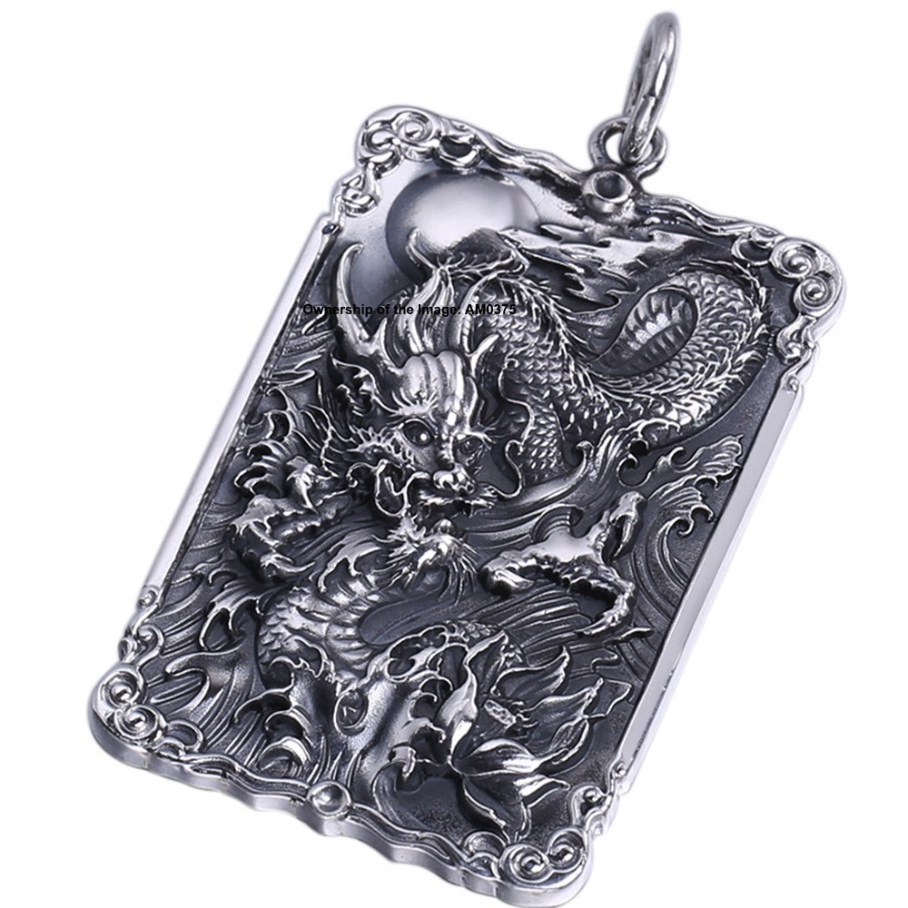 Solid 999 Fine Silver Pendant Chinese Dragon Pattern Amulet Pendant 55mm H