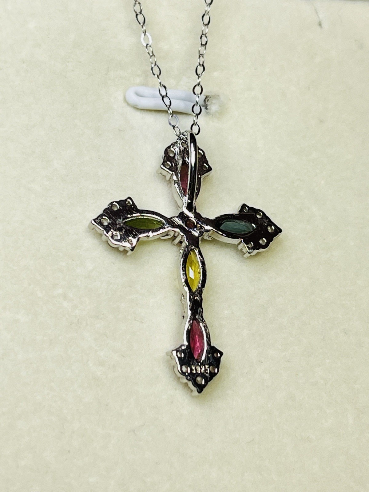 925 Sterling Silver Tourmaline Pink Green Blue Yellow Cross Pendant Necklace