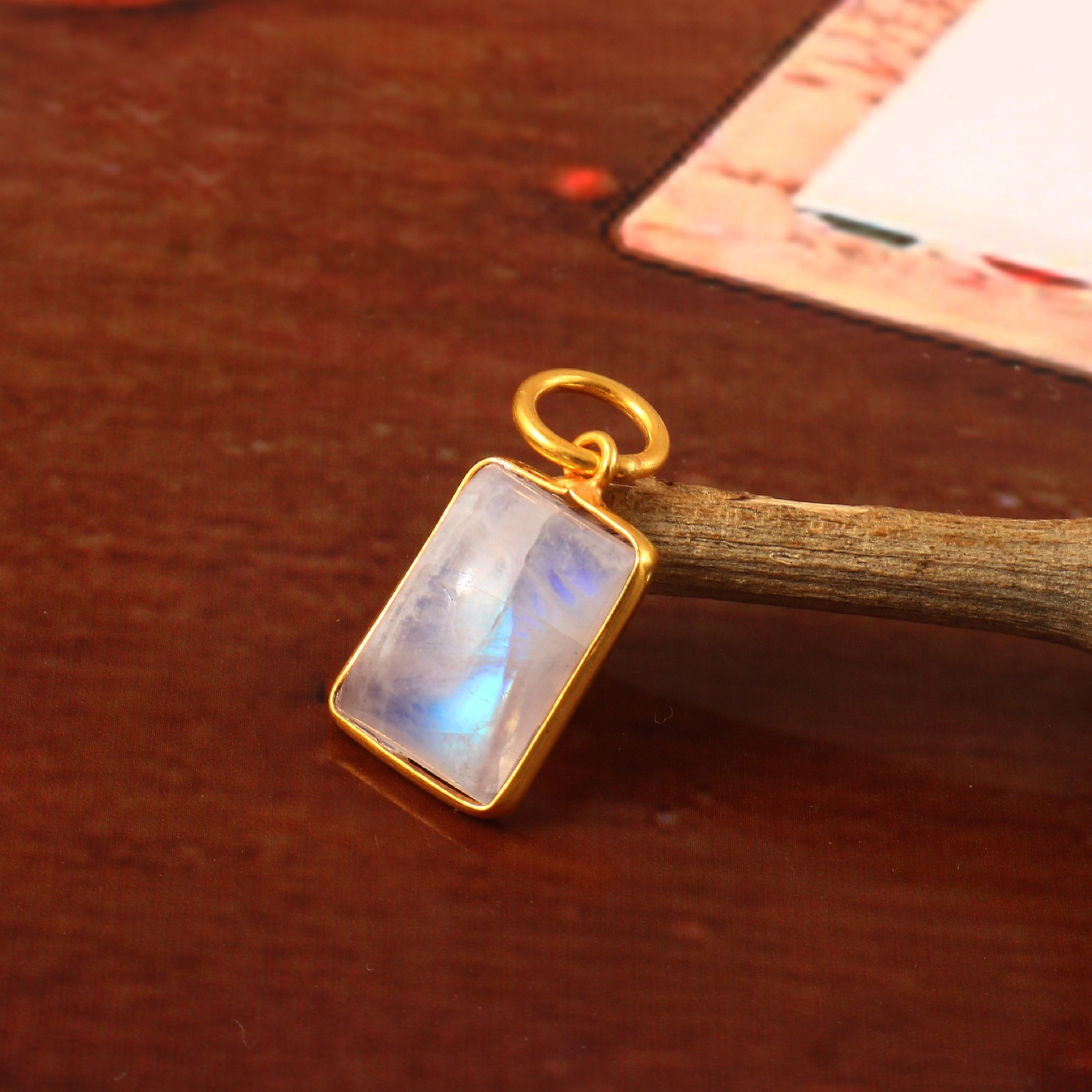 Natural Rainbow Moonstone Pendant 14K Gold Bezel Set Pear Charm 3164