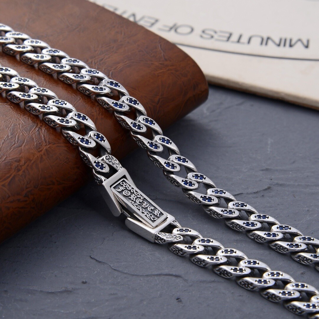 7MM 925 Sterling Silver Men Cuban Cureb Chain Necklace Green Blue Zircon 16-24″