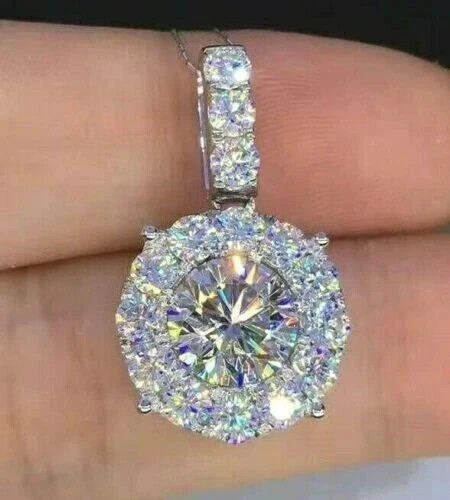 4 Ct Round Cut Moissanite Halo Pendant 18″ Free Chain 14k White Gold Plated