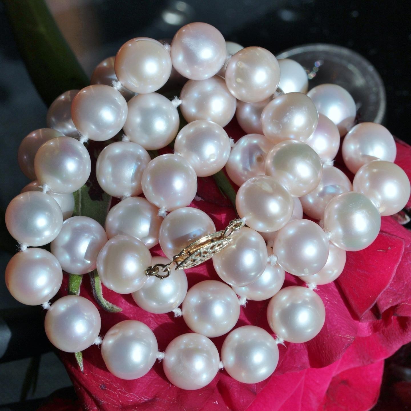 14k yellow gold necklace 9.3-9.5mm light pink cultured pearl 18.5″ strand 49g