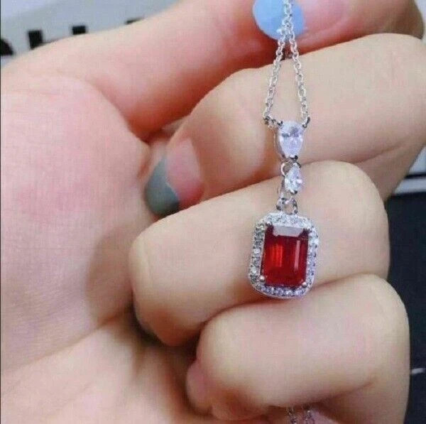 2.3CT Emerald Cut Halo Red Ruby & Diamond Pendant Necklace 14K White Gold Over