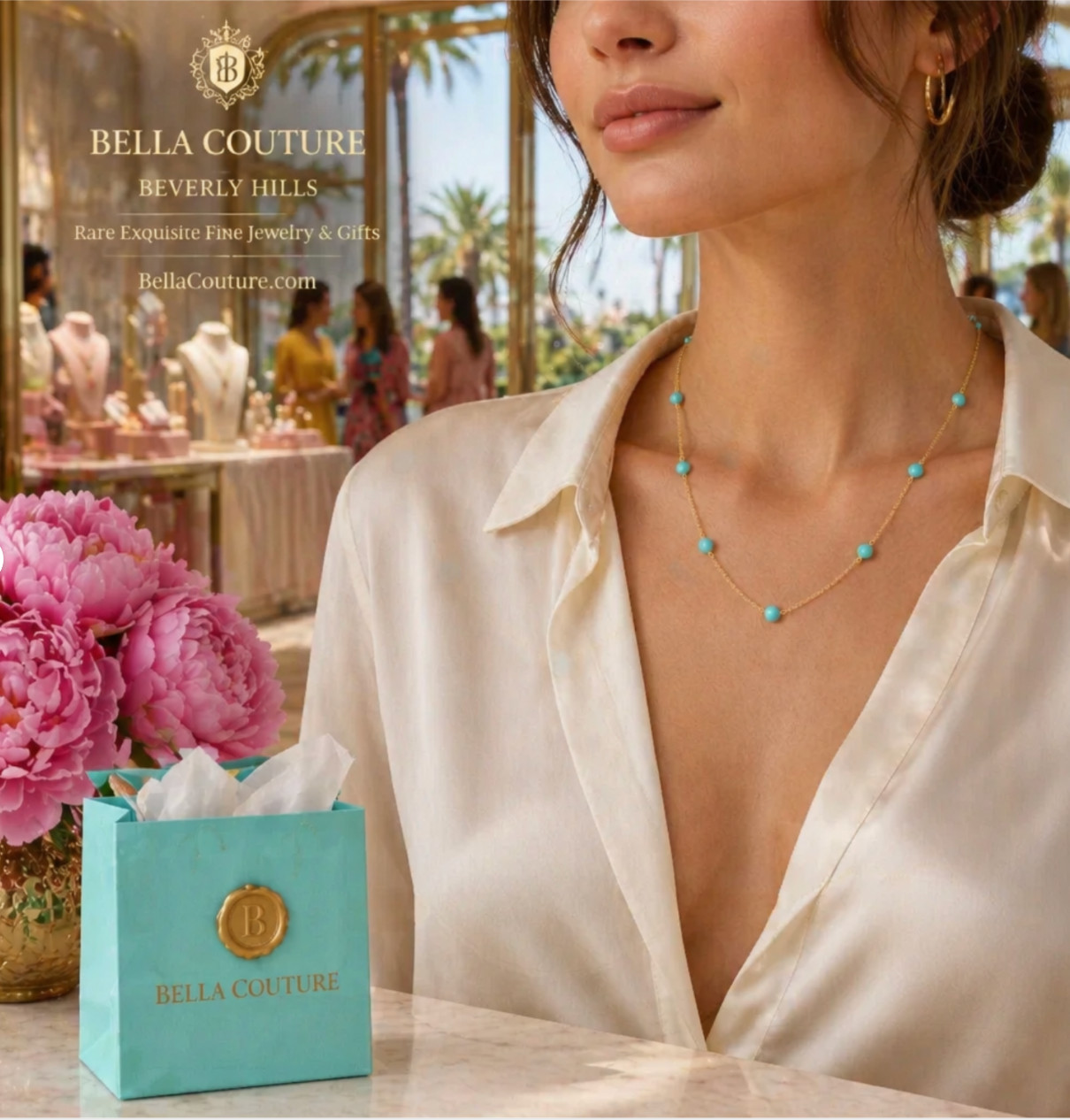 ❤️NEW BC® 14K YELLOW GOLD NATURAL PERSIAN TURQUOISE STATION NECKLACE 18″ – 16″