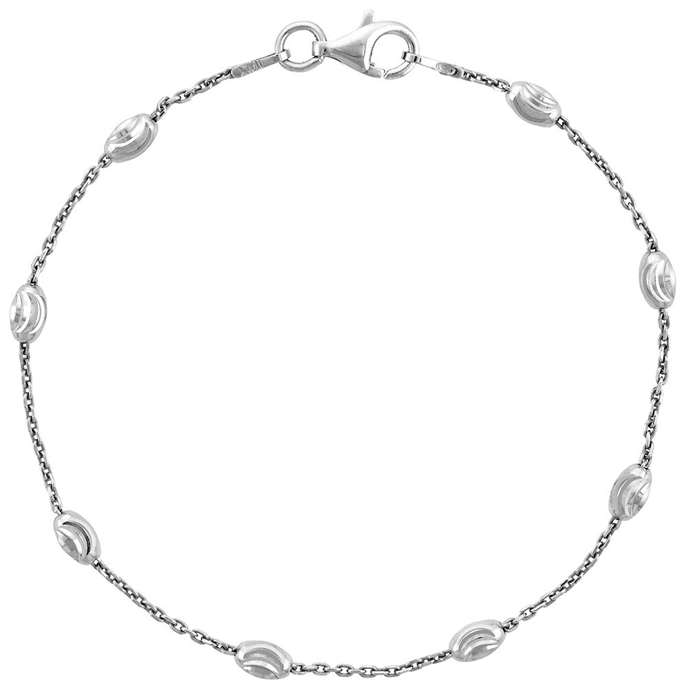 925 Sterling Silver Oval Bead Station Necklace Bracelet Diamond Cut 3mm 7″-18″