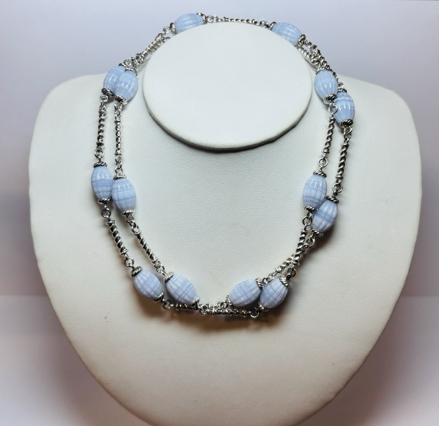 Whitney Kelly Sterling 925 Silver Blue Lace Agate Station Necklace 32 in-2.2