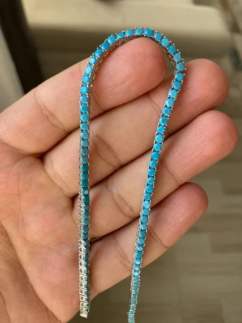 3MM Round Cut Blue Turquoise Tennis Women’s Necklace 18” 14k White Gold Plated