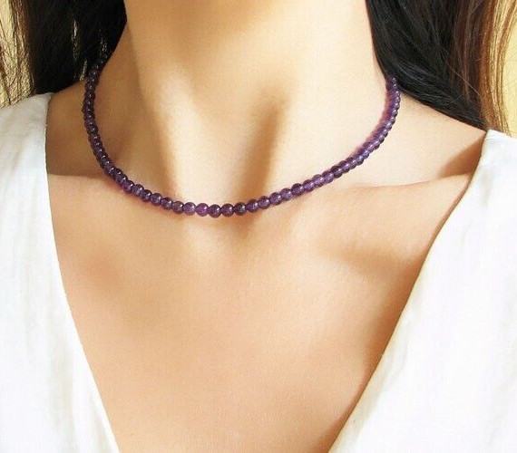 Natural Purple Amethyst Smooth Round Gemstone Beads 24″ Handmade Women Necklace