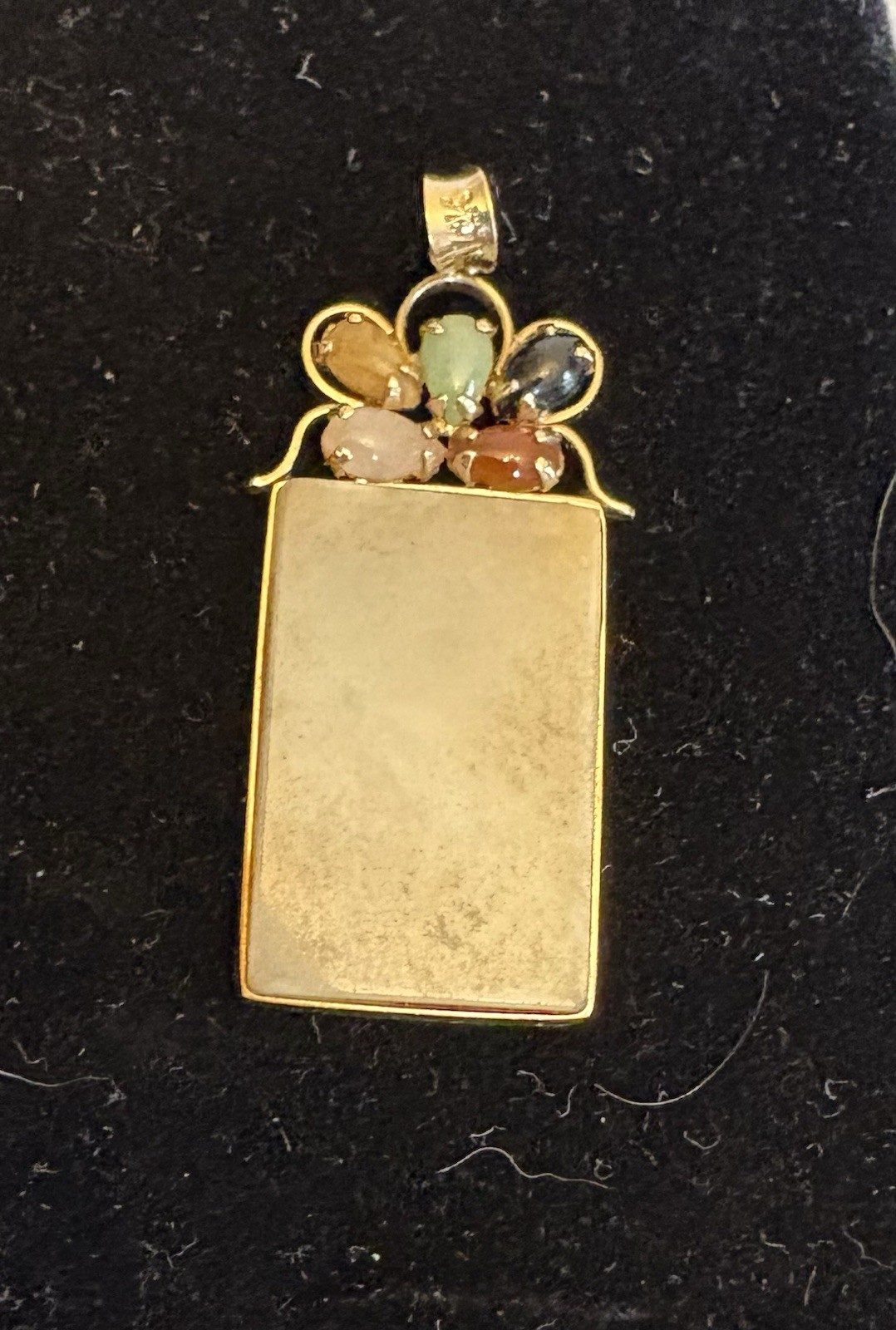 14K Gold Jade Pendant Flat Tablet with 5 Color Accent Teardrops 1.5 inch 4.97g