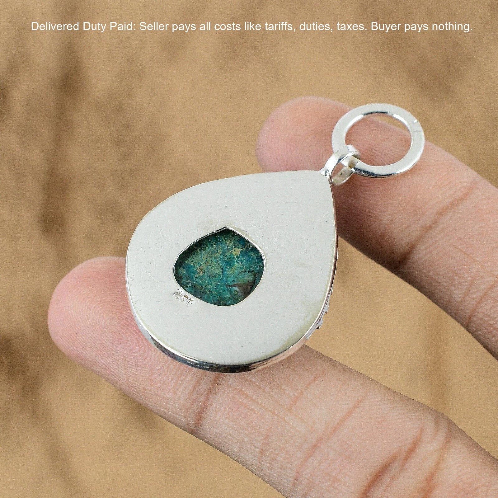 925 Sterling Silver Oval Chrysocolla Gemstone Throat Chakra Boho Pendant Jewelry
