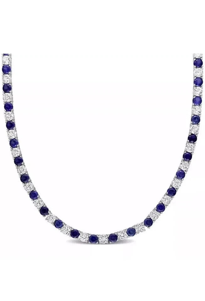 16Ct Lab Created Diamond & Blue Sapphire 14k White Gold Plated Tennis Necklace