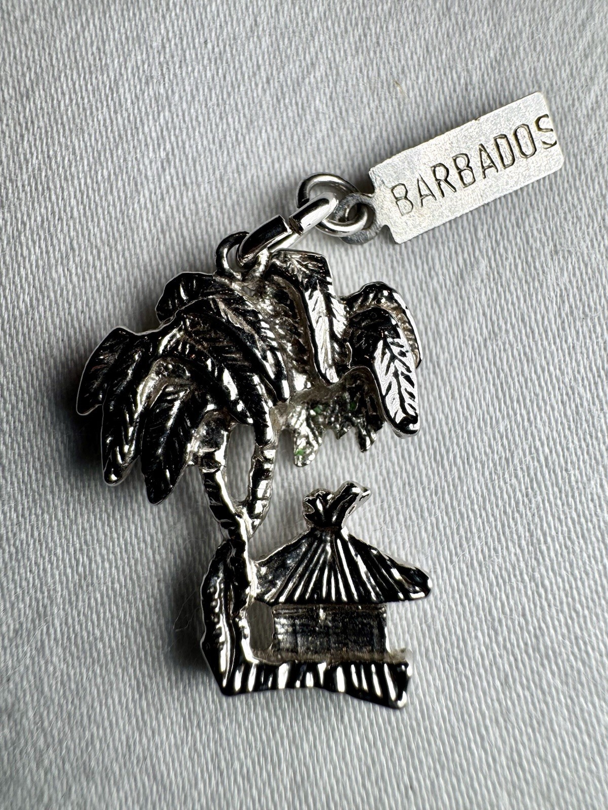 Vintage 925 Sterling Silver Barbados w/Palm Tree Tiki Hut Charm Tropical Island