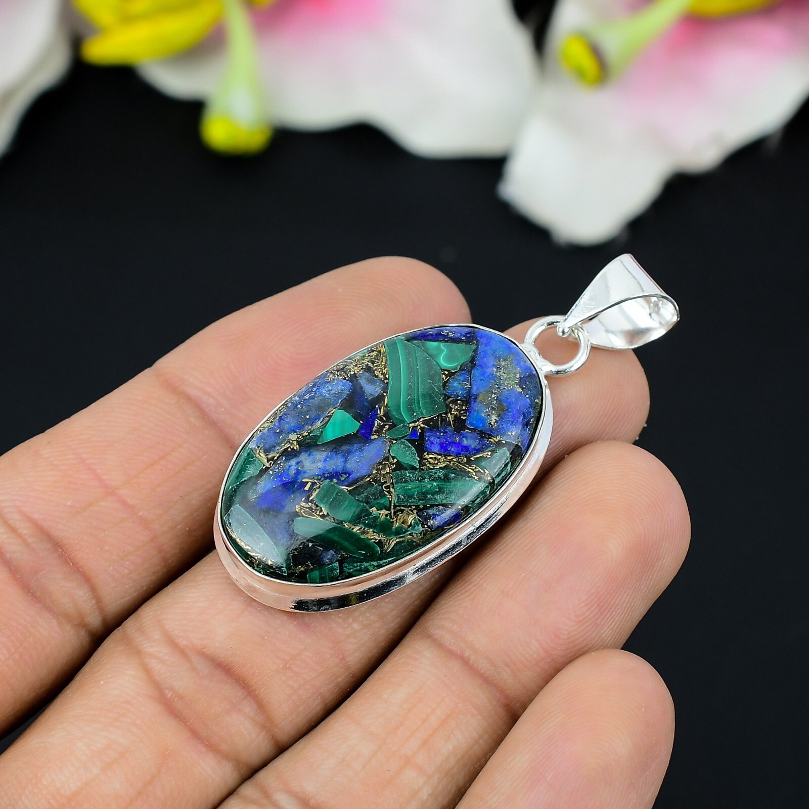Malachite Copper Turquoise Gemstone 925 Sterling Silver Pendant Jewelry 2in”