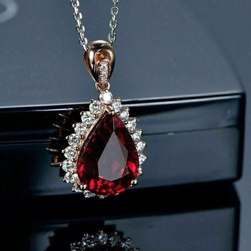 Lab-Created Red Garnet 2Ct Pear Cut Halo Pendant 14K Rose Gold Finish