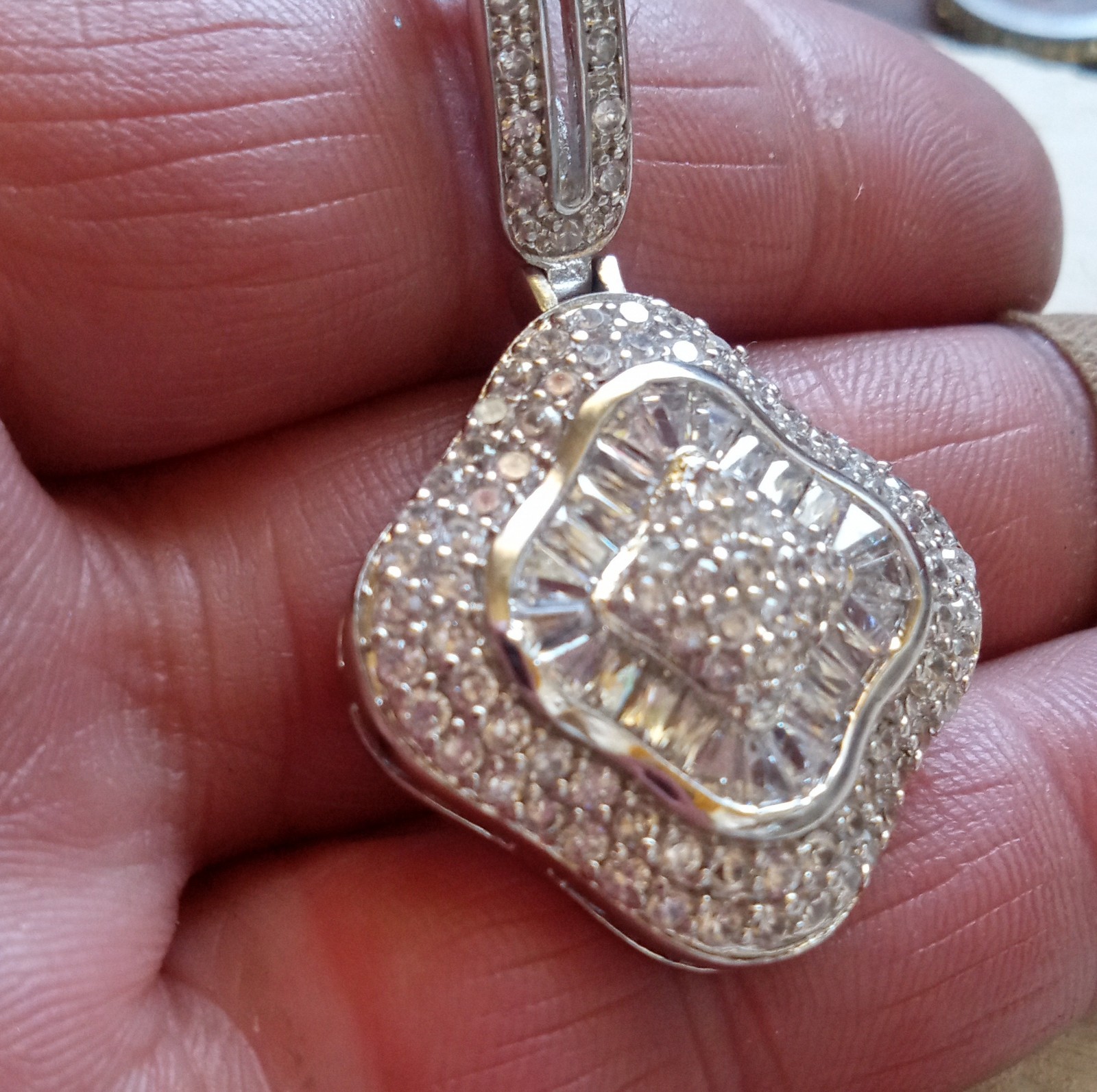 Square Moissanite Cluster Pendant in Sterling Silver 925, White Gold Look, New